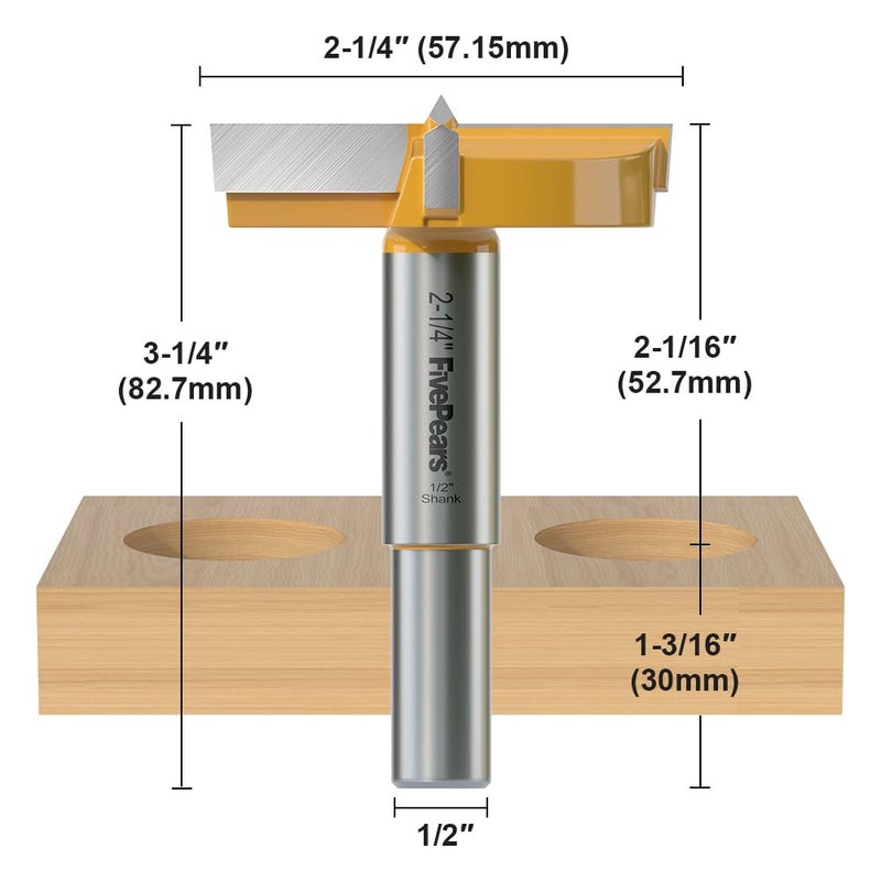 FIVEPEARS Forstner Drill Bit 1/2 inch Shank, 2-1/4 inch Cutting Diameter, Carbide Tipped Wood Hole Saw Auger Opener, Hole Opener Hinge Hole Cutter for Woodworking, Plastic, Plywood Products - Image 3
